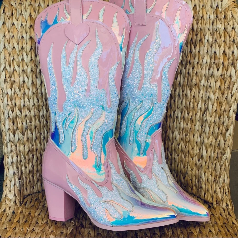 ✨New YRU Space CowGirl Pink Flame Boots - Picture 1 of 9